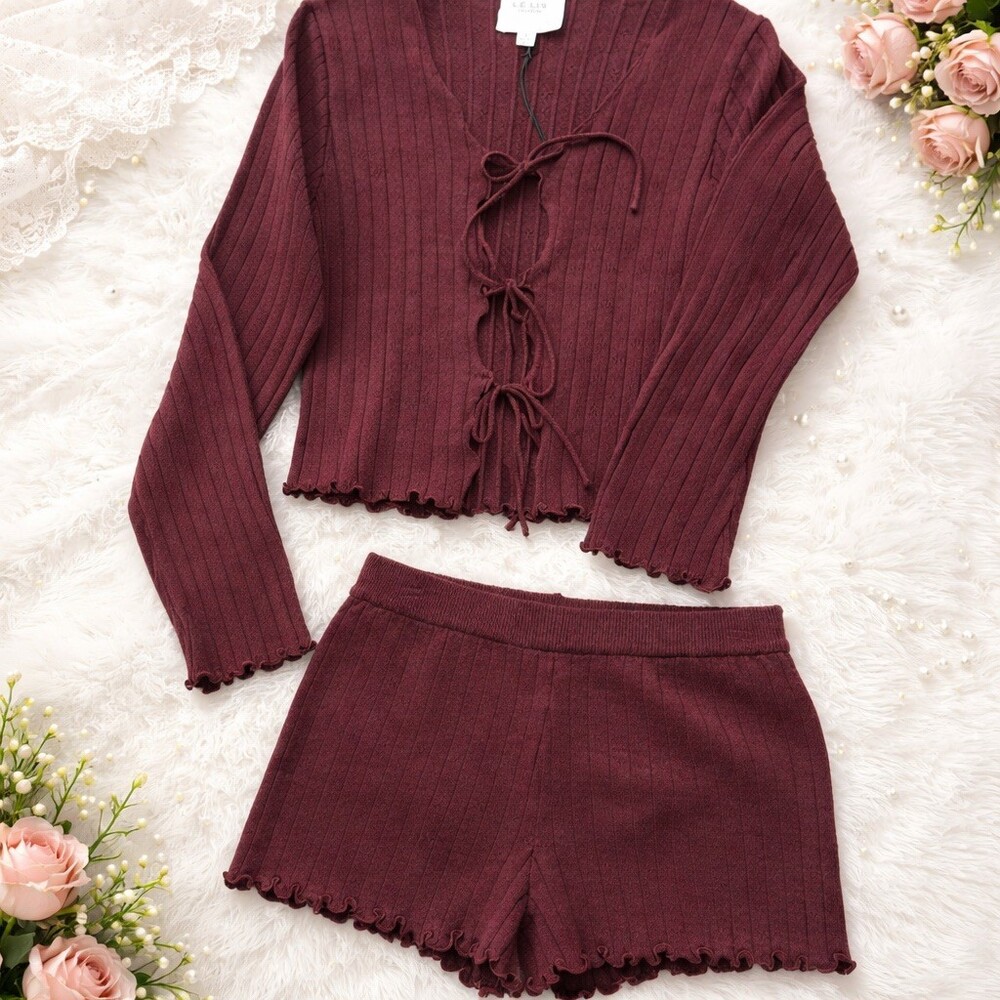 Le Lis Sweater Set Womens S Brown Tie-Front Cardigan & Ruffle Shorts - Picture 2 of 2